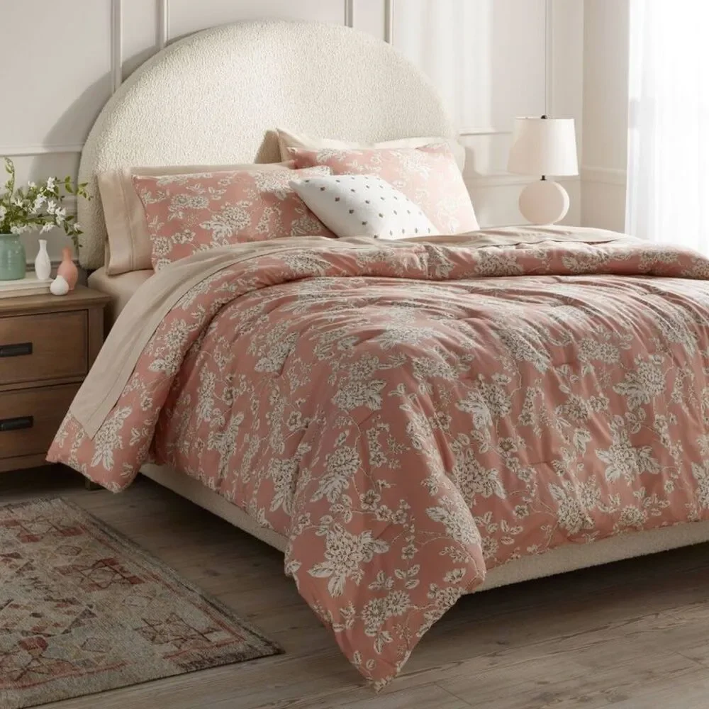 Full/Queen Floral Print Comforter Set - Light Pink Cotton Sateen